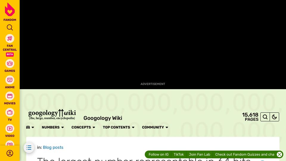 Screenshot of googology.fandom.com: The largest number representable in 64 bits