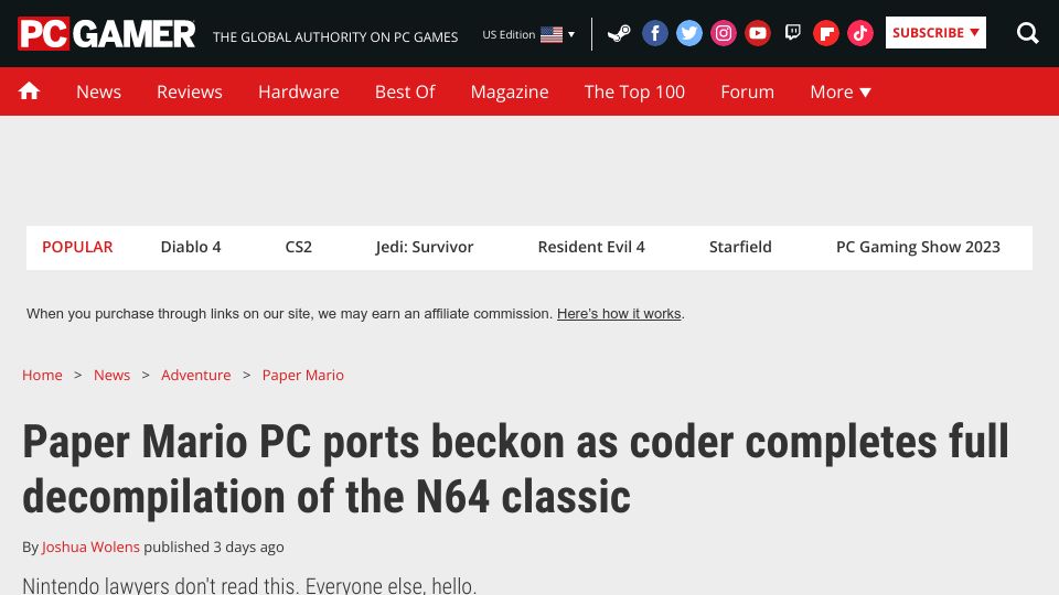 Screenshot of pcgamer.com: Paper Mario PC ports beckon as coder completes decompilation of the N64 classic