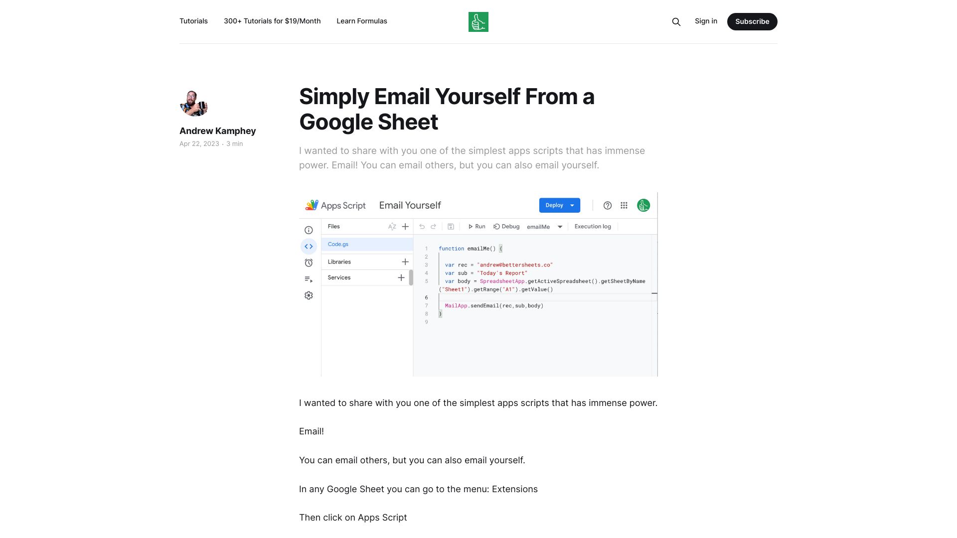 Screenshot of blog.bettersheets.co: Email yourself from a Google Sheet