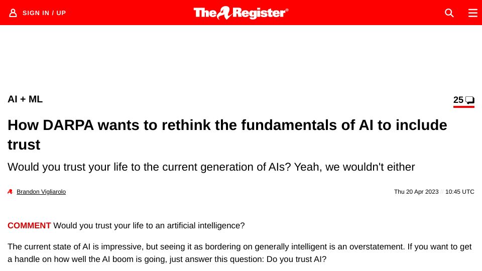 Screenshot of theregister.com: DARPA wants to rethink the fundamentals of AI to include trust