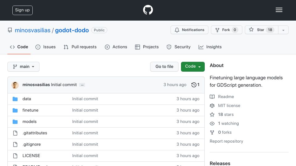 Screenshot of github.com: Godot-dodo – Finetuning LLaMA on single-language comment:code data pairs