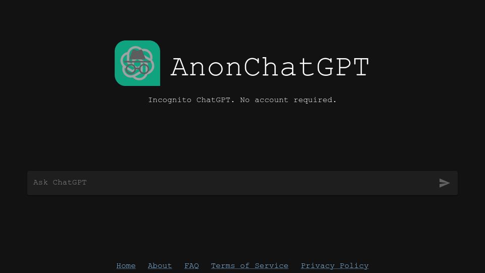 Screenshot of anonchatgpt.com: Incognito ChatGPT with no account required