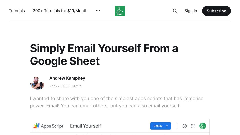 Screenshot of blog.bettersheets.co: Email yourself from a Google Sheet