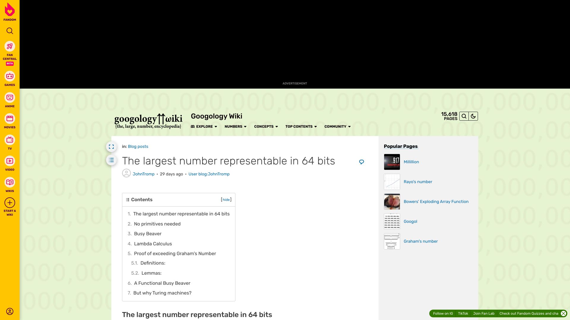 Screenshot of googology.fandom.com: The largest number representable in 64 bits
