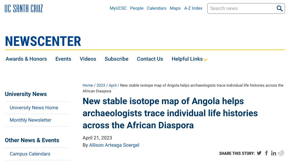 Screenshot of news.ucsc.edu: Isotope map of Angola helps trace life histories across African Diaspora