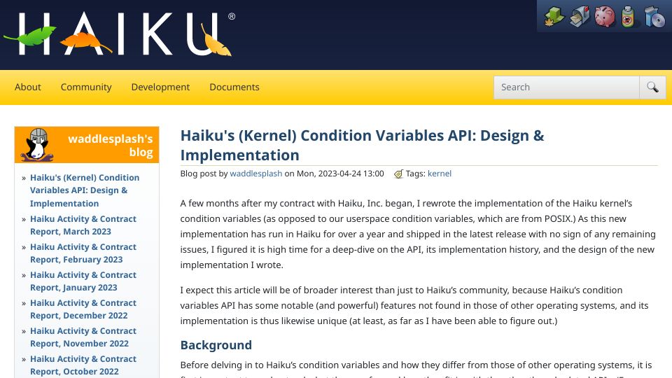 Screenshot of haiku-os.org: Haiku's (Kernel) Condition Variables API: Design and Implementation