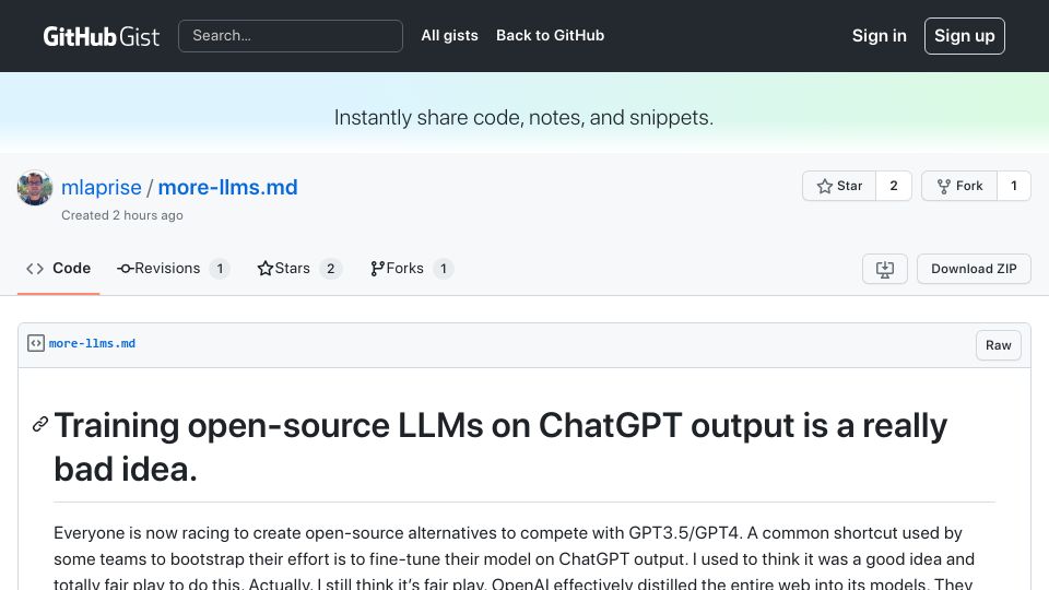 Screenshot of gist.github.com: Training open-source LLMs on ChatGPT output is a really bad idea.