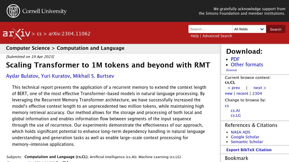 Screenshot of arxiv.org: Scaling Transformer to 1M tokens and beyond with RMT