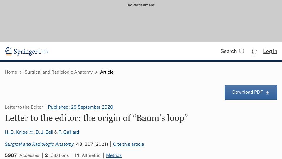 Screenshot of link.springer.com: The Origin of “Baum’s Loop” (2020)