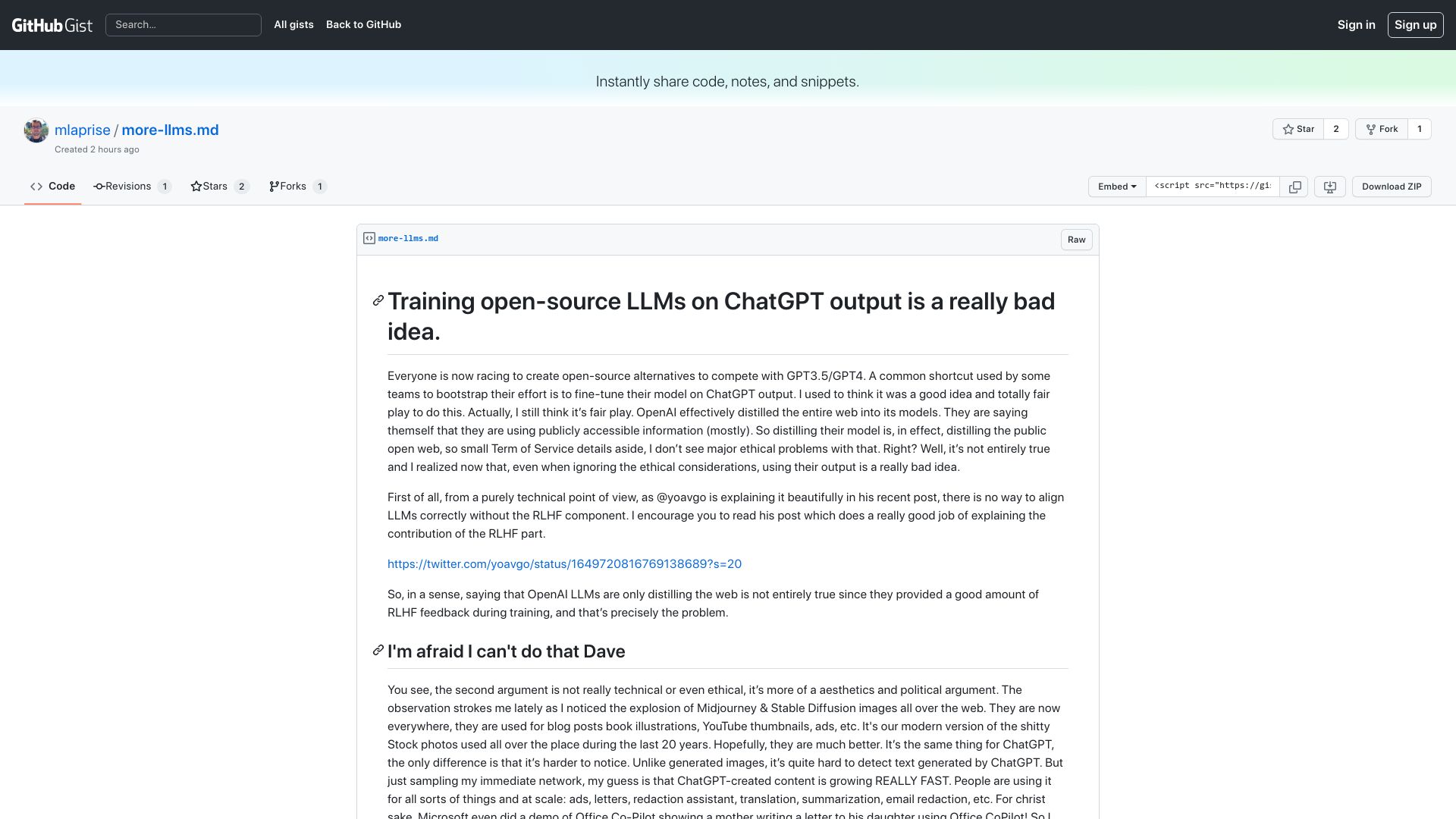 Screenshot of gist.github.com: Training open-source LLMs on ChatGPT output is a really bad idea.