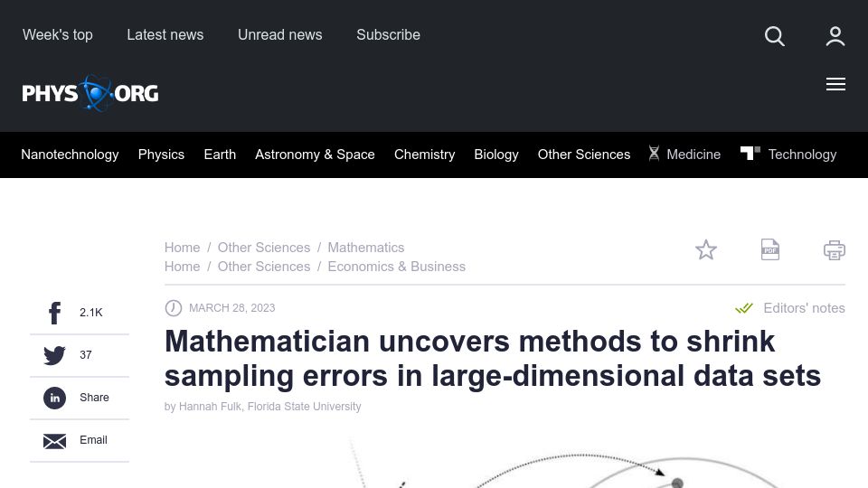 Screenshot of phys.org: Mathematician uncovers way to shrink sampling errors in large-dimensional data