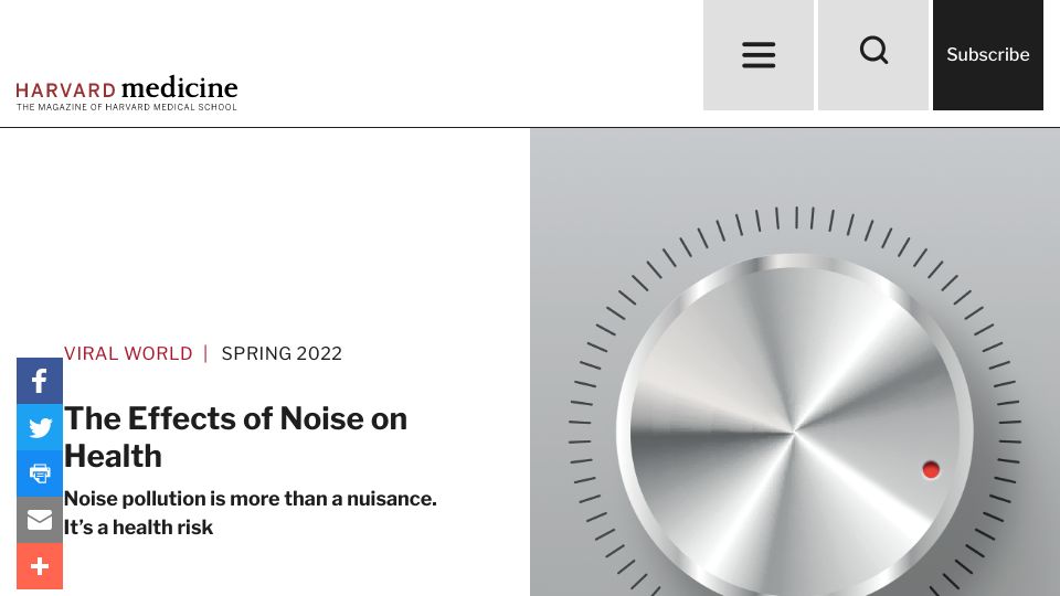 Screenshot of hms.harvard.edu: The Effects of Noise on Health (2022)