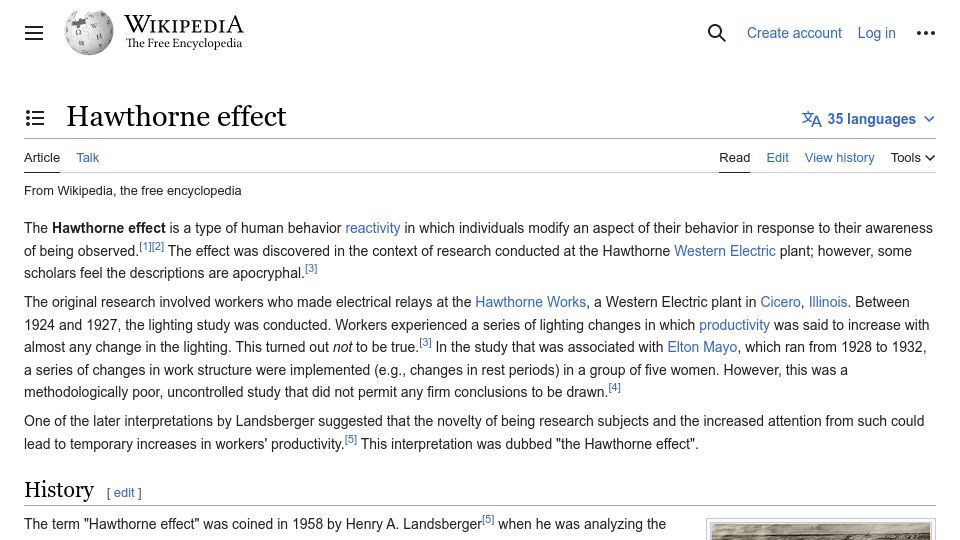 Screenshot of en.wikipedia.org: Hawthorne effect