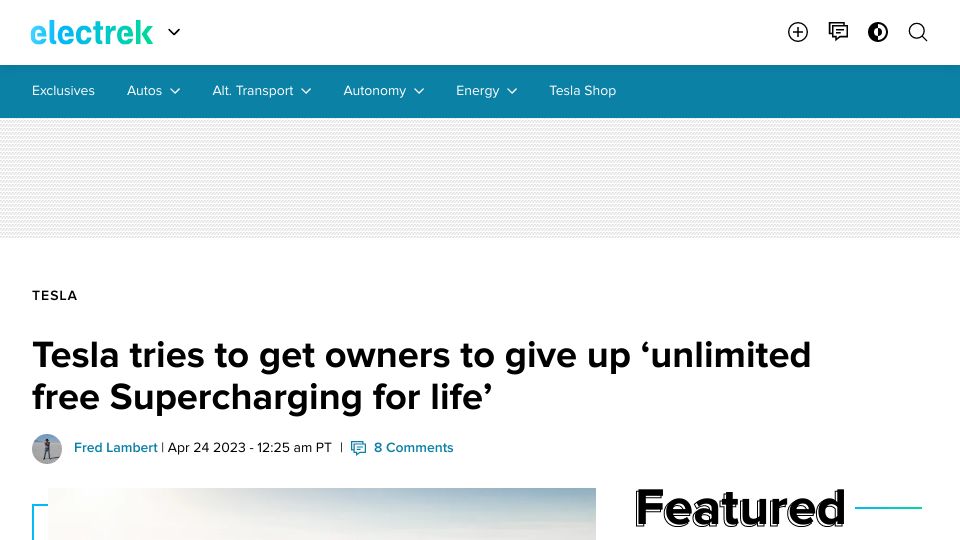 Screenshot of electrek.co: Tesla tries to get owners to give up ‘unlimited free Supercharging for life’