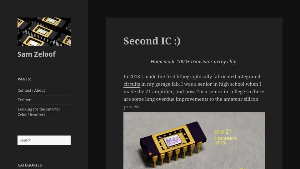 Screenshot of sam.zeloof.xyz: Second IC – Homemade 1000 transistor array chip (2021)