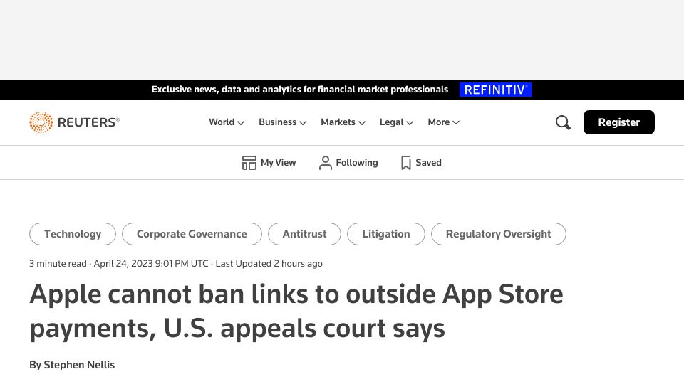 Screenshot of reuters.com: Apple cannot ban links to outside App Store payments, U.S. appeals court