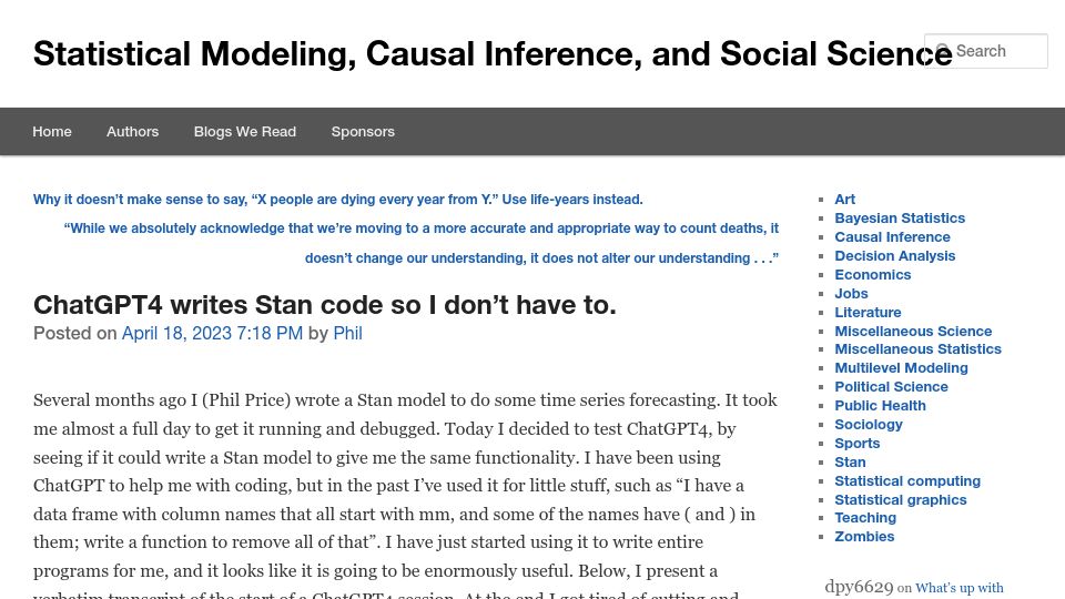 Screenshot of statmodeling.stat.columbia.edu: ChatGPT4 writes Stan code so I don’t have to