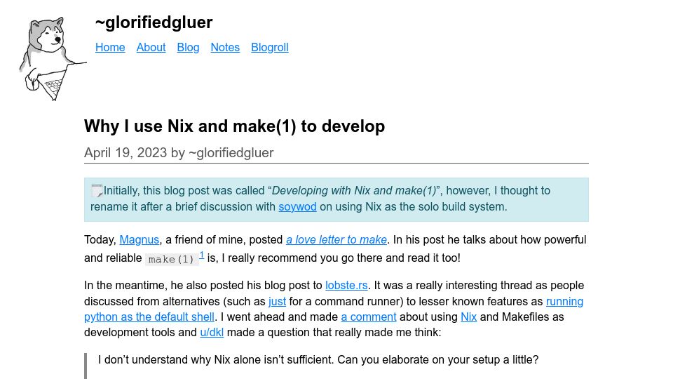 Screenshot of glorifiedgluer.com: I use Nix and make(1) to develop