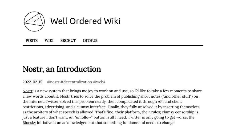 Screenshot of wiki.wellorder.net: Nostr (“Notes and Other Stuff Transmitted by Relays”) – An Introduction