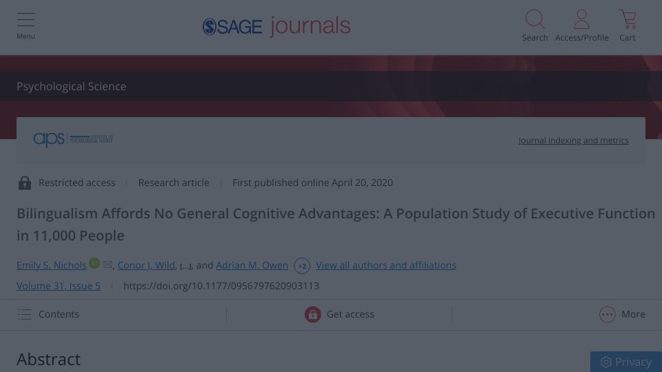 Screenshot of journals.sagepub.com: Bilingualism affords no general cognitive advantages: Study