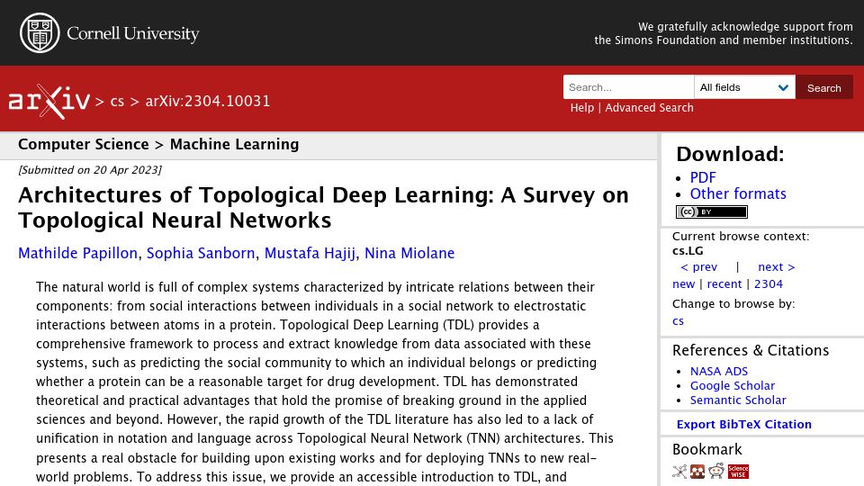 Screenshot of arxiv.org: Topological Deep Learning: A Survey on Topological Neural Networks