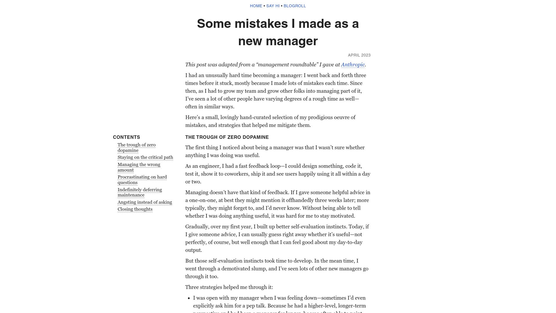 Screenshot of benkuhn.net: Some mistakes I made as a new manager