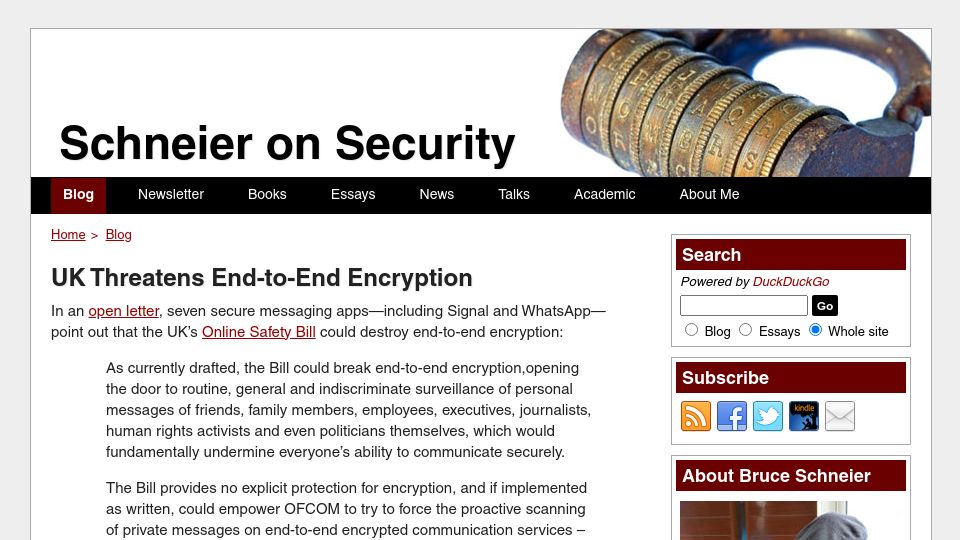 Screenshot of schneier.com: UK Threatens End-to-End Encryption