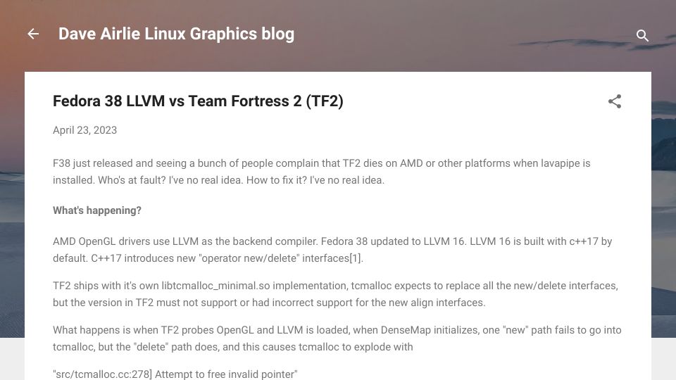 Screenshot of airlied.blogspot.com: Fedora 38 LLVM vs. Team Fortress 2