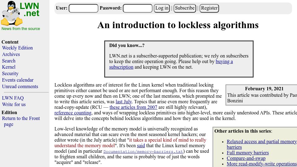 Screenshot of lwn.net: An introduction to lockless algorithms (2021)