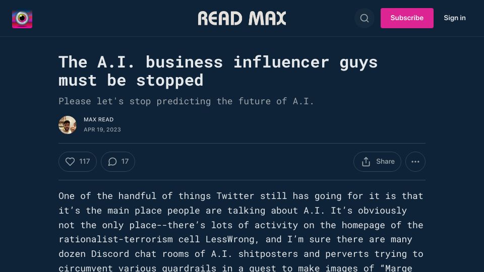 Screenshot of maxread.substack.com: The A.I. business influencer guys must be stopped