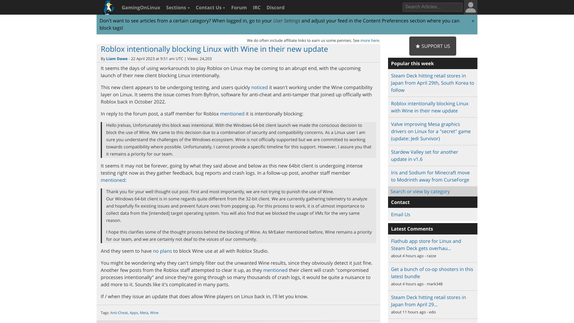 Screenshot of gamingonlinux.com: Roblox intentionally blocking Linux with Wine in their new update