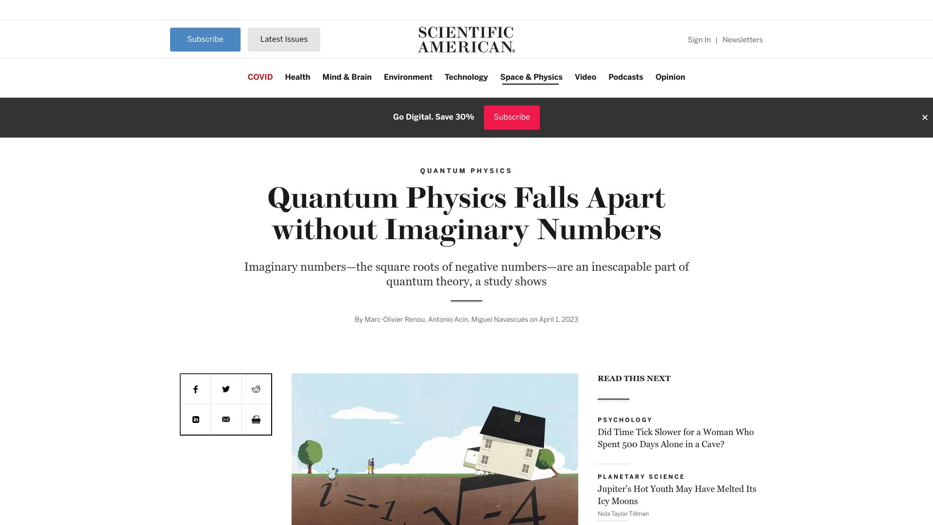 Screenshot of scientificamerican.com: Quantum physics falls apart without imaginary numbers