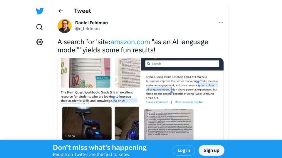 Screenshot of twitter.com: As an AI Language Model
