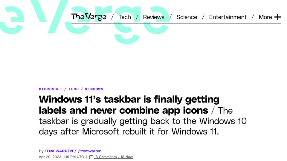 Screenshot of theverge.com: Windows 11’s taskbar is finally getting labels and never combine app icons