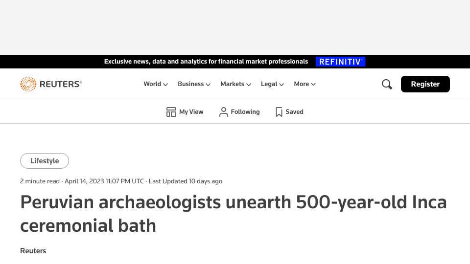 Screenshot of reuters.com: Peruvian archaeologists unearth 500-year-old Inca ceremonial bath