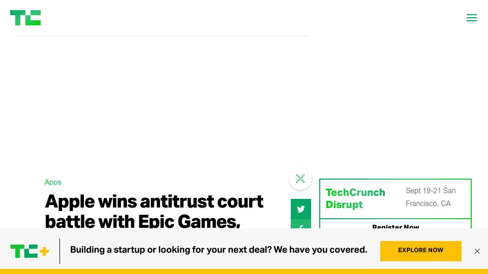 Screenshot of techcrunch.com: Apple wins antitrust court battle with Epic Games, appeals court rules