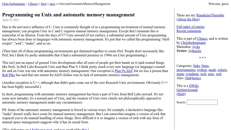 Screenshot of utcc.utoronto.ca: Programming on Unix and automatic memory management