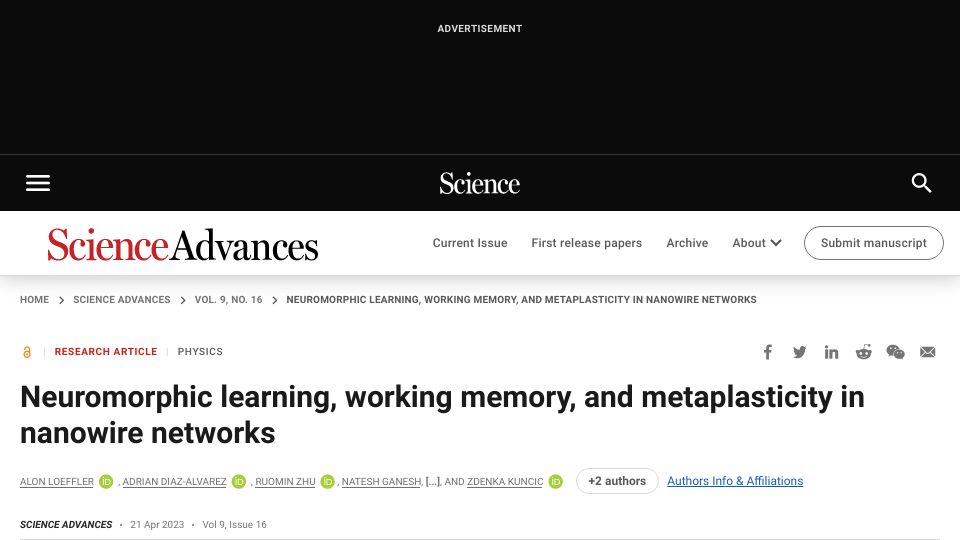 Screenshot of science.org: Neuromorphic learning, working memory, and metaplasticity in nanowire networks