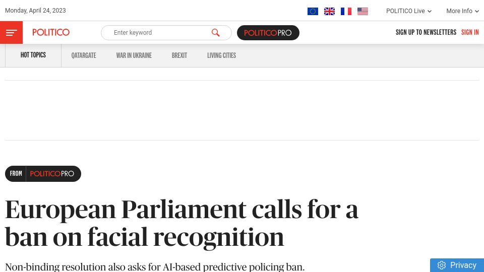 Screenshot of politico.eu: European Parliament calls for ban on facial recognition