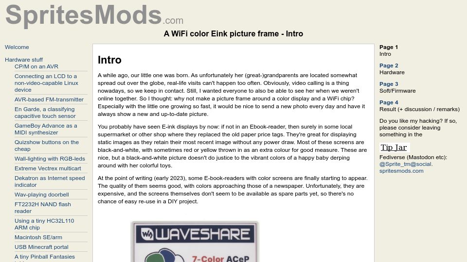 Screenshot of spritesmods.com: A WiFi color eInk picture frame