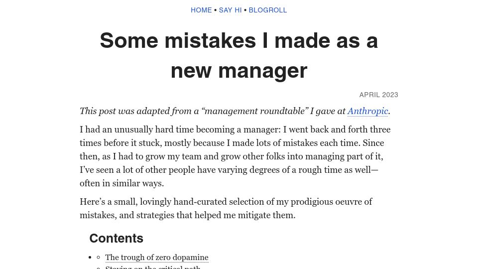 Screenshot of benkuhn.net: Some mistakes I made as a new manager