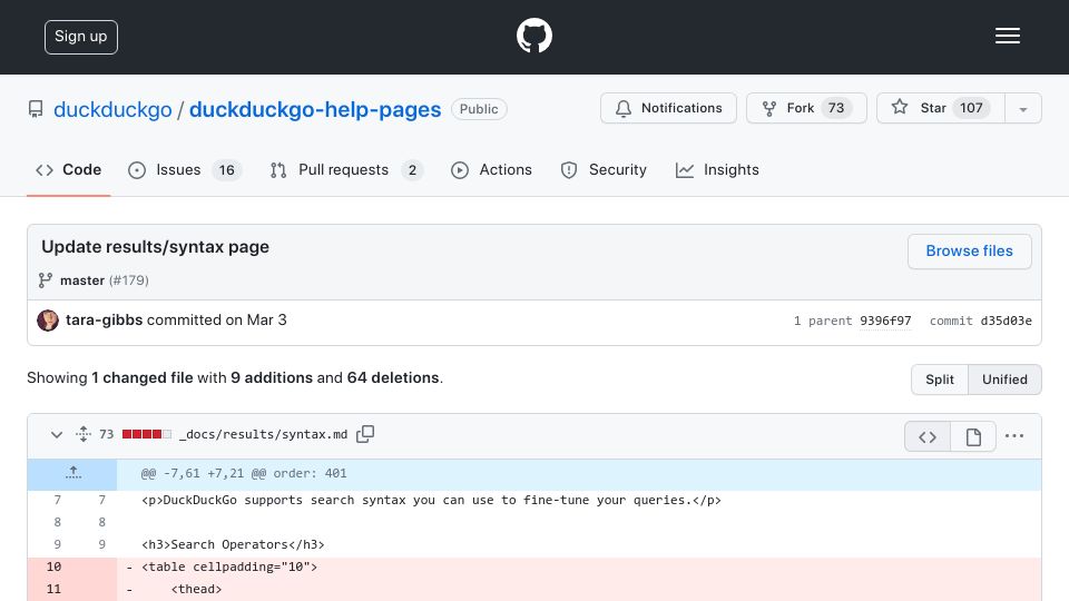 Screenshot of github.com: DuckDuckGo removed the ability to filter search results