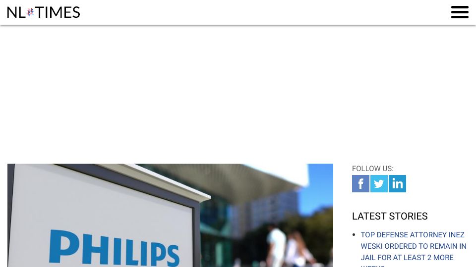 Screenshot of nltimes.nl: Philips sets €575M aside for respirator lawsuits