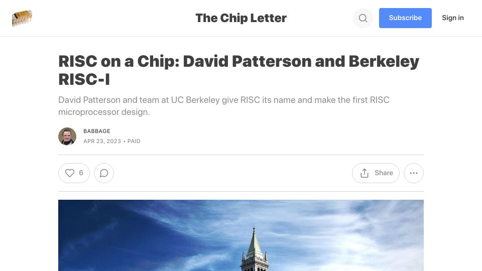 Screenshot of thechipletter.substack.com: RISC on a Chip: David Patterson and Berkeley RISC-I
