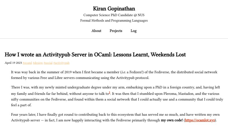 Screenshot of gopiandcode.uk: I Wrote an Activitypub Server in OCaml: Lessons Learnt, Weekends Lost