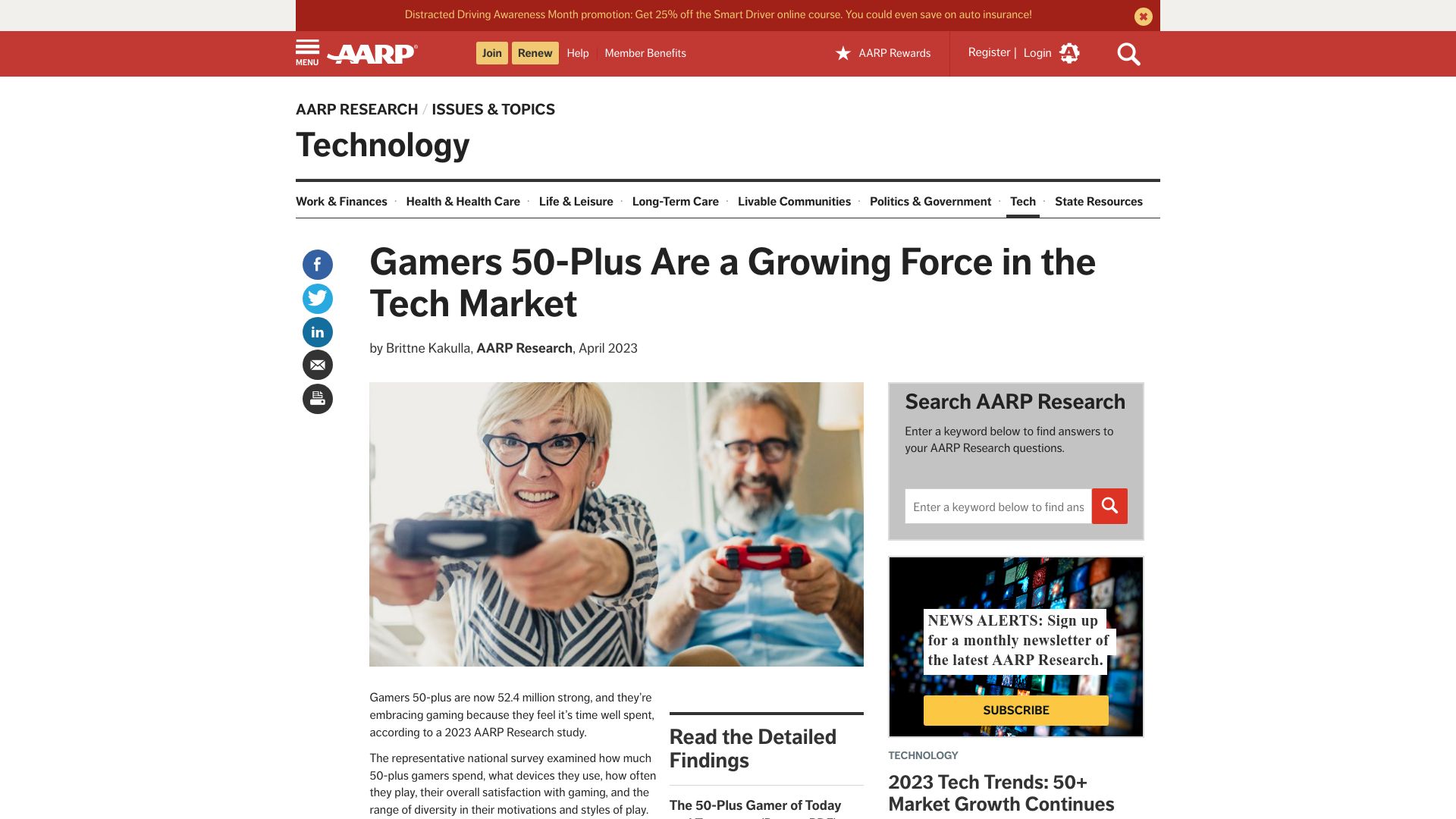 Screenshot of aarp.org: Gamers 50-Plus Are a Growing Force in the Tech Market