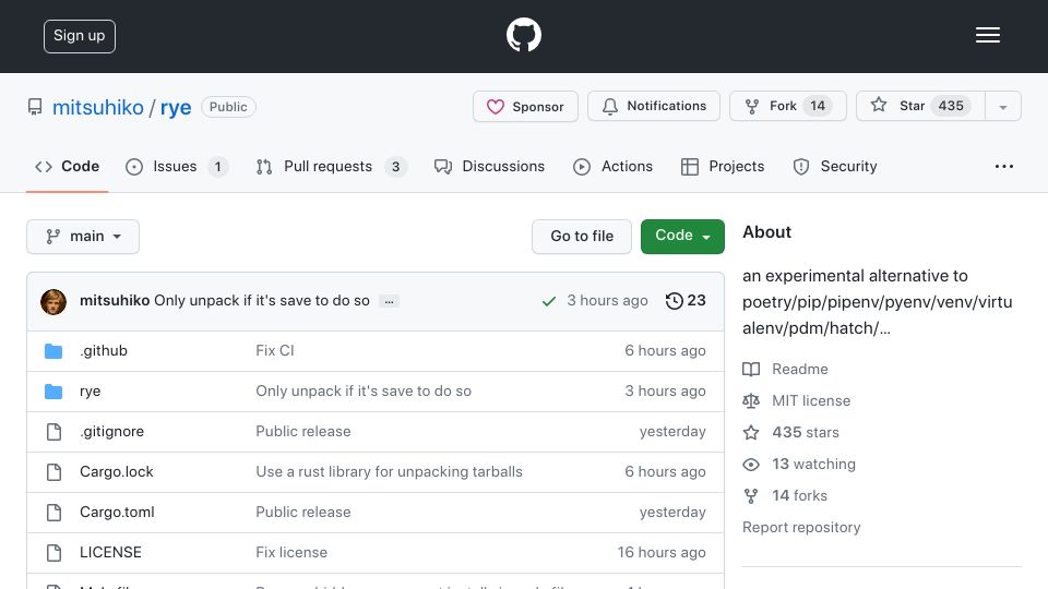 Screenshot of github.com: Rye: Flask author's new project for Python bootstrapping