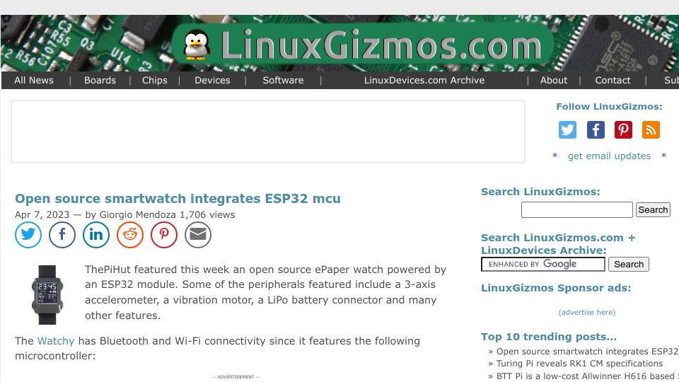 Screenshot of linuxgizmos.com: Open source smartwatch integrates ESP32 MCU with e-paper display