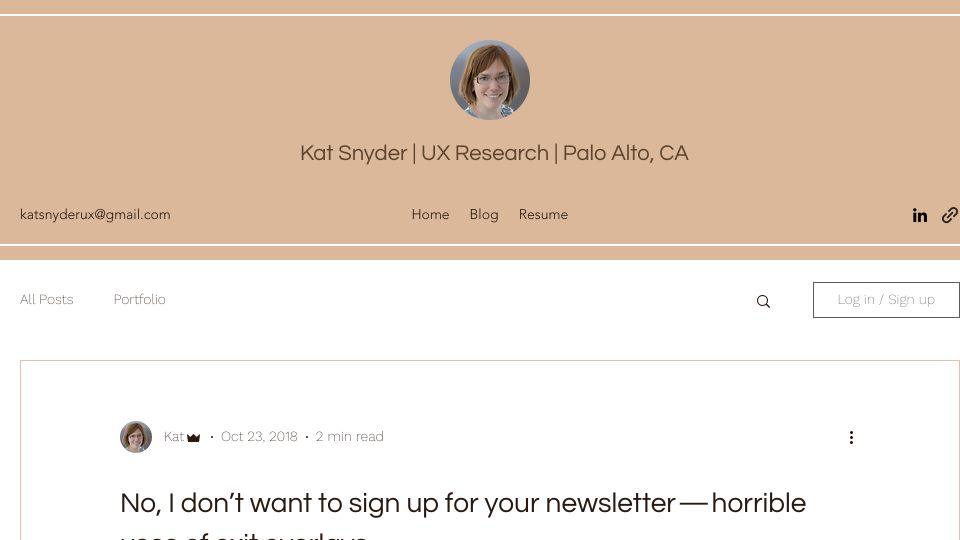 Screenshot of katsnyderux.com: I don’t want to sign up for your newsletter (2018)