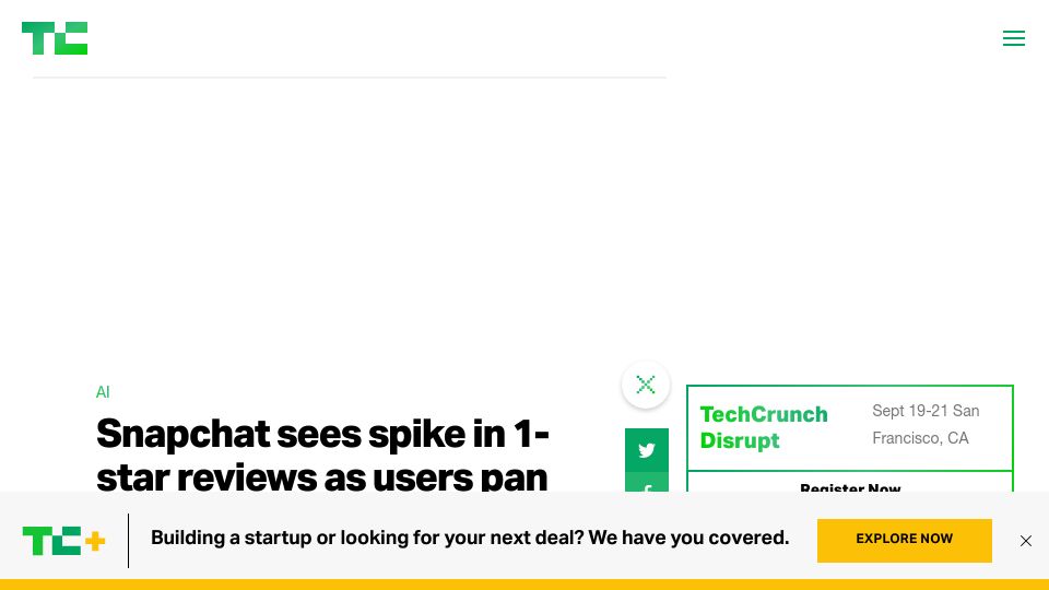 Screenshot of techcrunch.com: Snapchat sees spike in 1-star reviews as users pan the ‘My AI’ feature